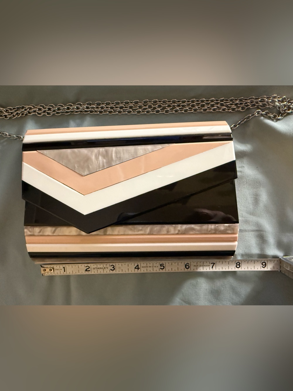 Geometric Chevron Crossbody Clutch in Black, White & Blush with Silver Chain